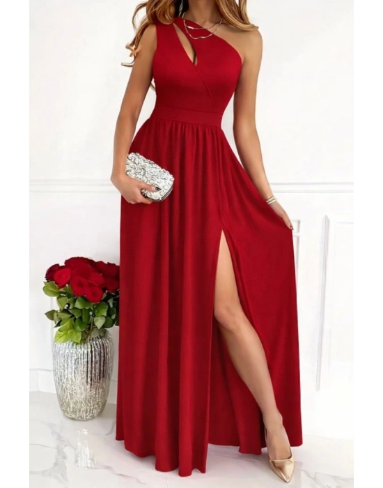 Kadın Omuzlardan Açık Asimetrik Yaka Detaylı Yırtmaçlı Maksi Boy Janjan Krep Elbise