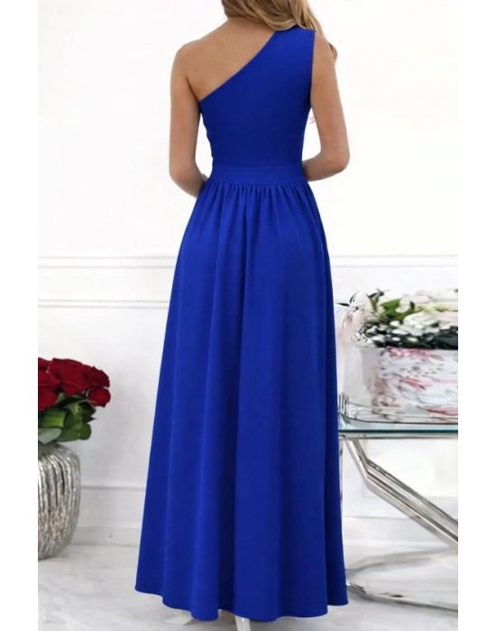 Kadın Omuzlardan Açık Asimetrik Yaka Detaylı Yırtmaçlı Maksi Boy Janjan Krep Elbise