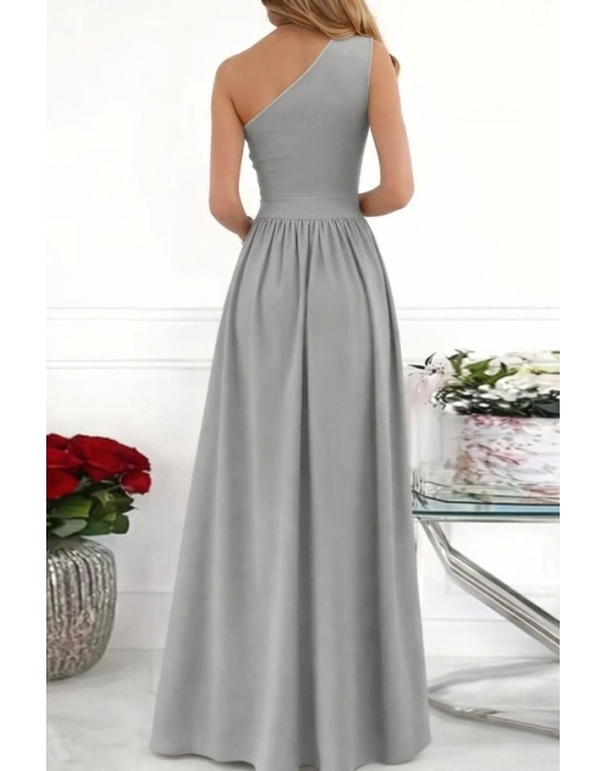 Kadın Omuzlardan Açık Asimetrik Yaka Detaylı Yırtmaçlı Maksi Boy Janjan Krep Elbise