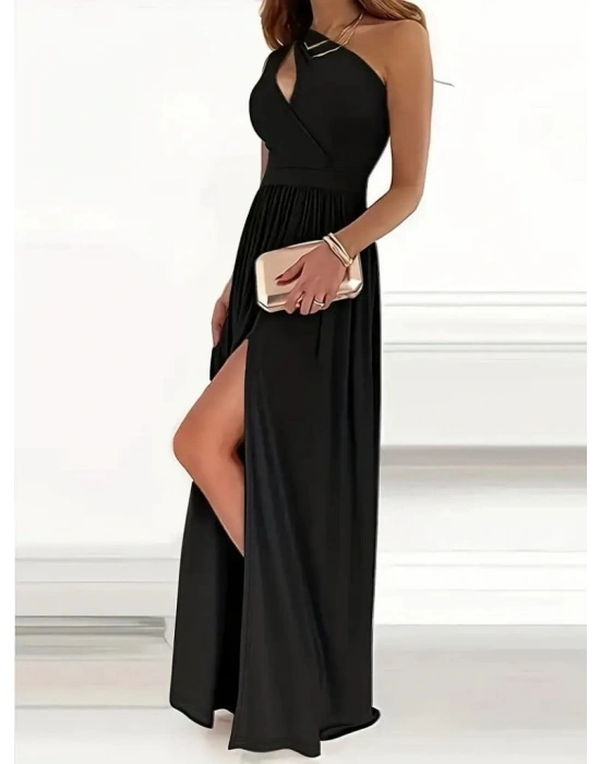 Kadın Omuzlardan Açık Asimetrik Yaka Detaylı Yırtmaçlı Maksi Boy Janjan Krep Elbise