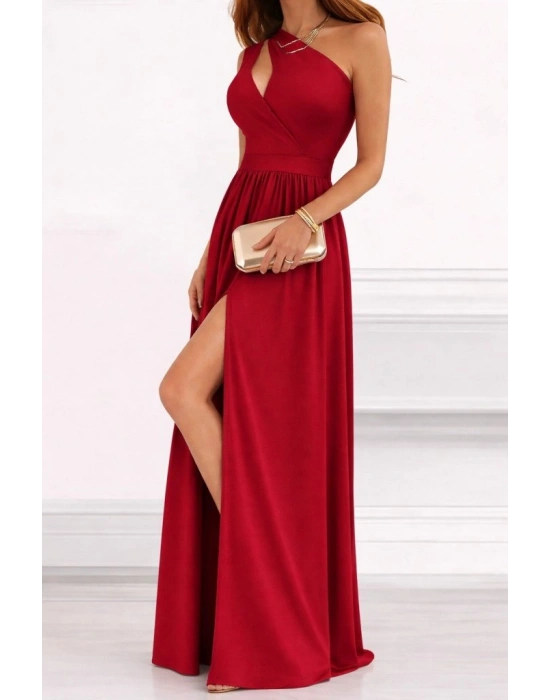 Kadın Omuzlardan Açık Asimetrik Yaka Detaylı Yırtmaçlı Maksi Boy Janjan Krep Elbise