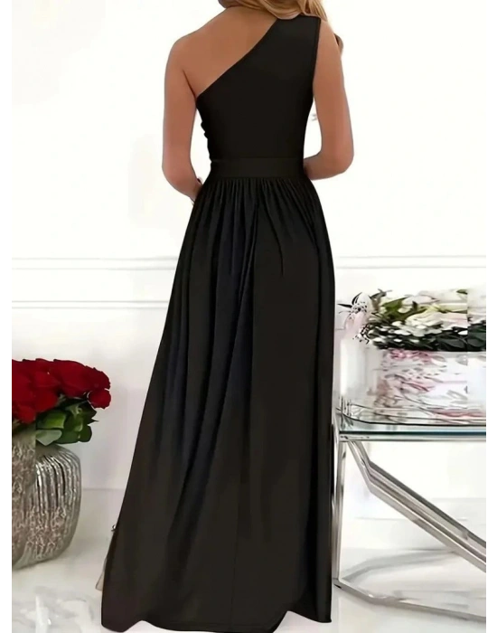 Kadın Omuzlardan Açık Asimetrik Yaka Detaylı Yırtmaçlı Maksi Boy Janjan Krep Elbise