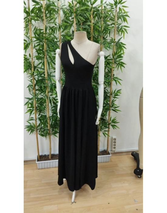 Kadın Omuzlardan Açık Asimetrik Yaka Detaylı Yırtmaçlı Maksi Boy Janjan Krep Elbise