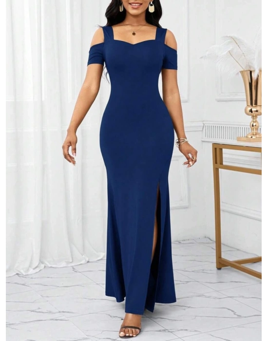 Kadın Omuzlardan Açık Askılı Yırtmaç Detaylı Uzun Ithal Krep Elbise