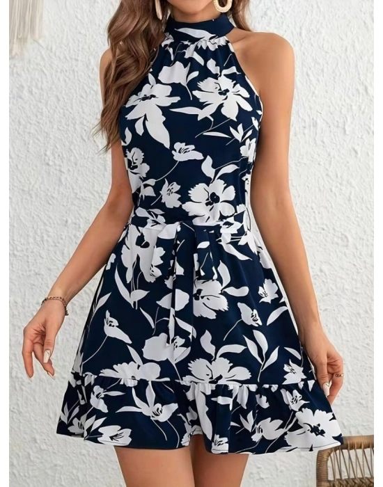 Kadın Omuzlardan Açık Balıkçı Yakalı Kuşaklı Desenli Kısa Süprem Elbise