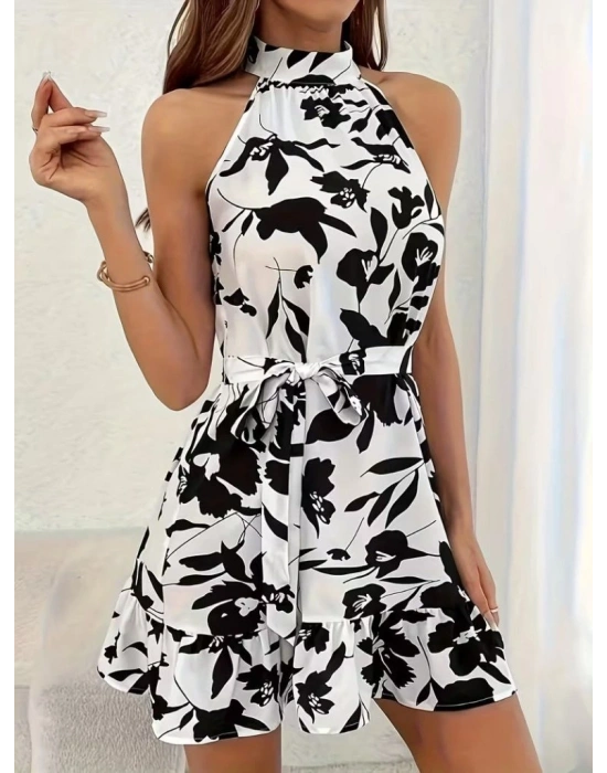 Kadın Omuzlardan Açık Balıkçı Yakalı Kuşaklı Desenli Kısa Süprem Elbise