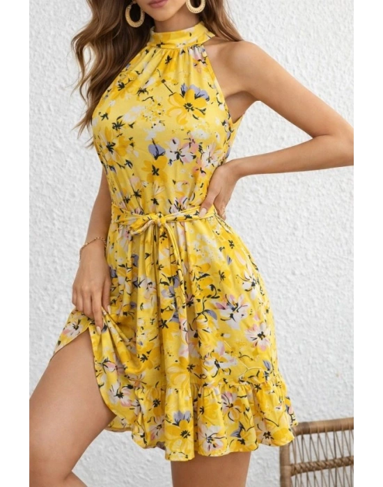 Kadın Omuzlardan Açık Balıkçı Yakalı Kuşaklı Desenli Kısa Süprem Elbise