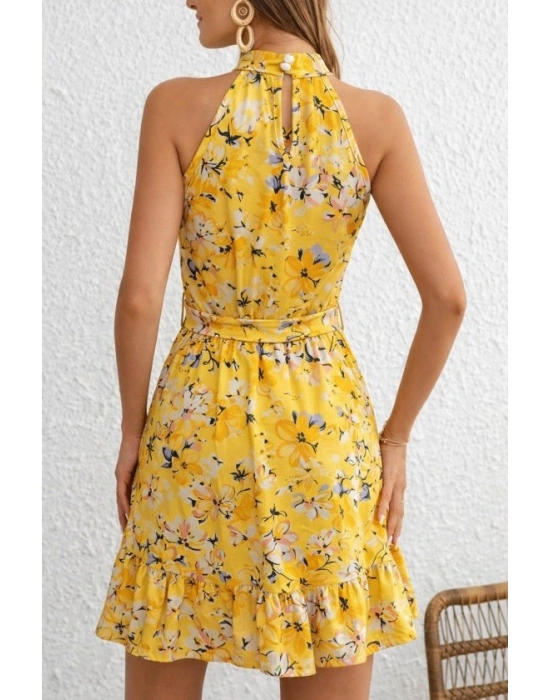 Kadın Omuzlardan Açık Balıkçı Yakalı Kuşaklı Desenli Kısa Süprem Elbise