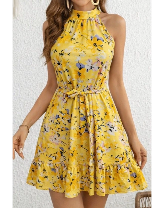 Kadın Omuzlardan Açık Balıkçı Yakalı Kuşaklı Desenli Kısa Süprem Elbise