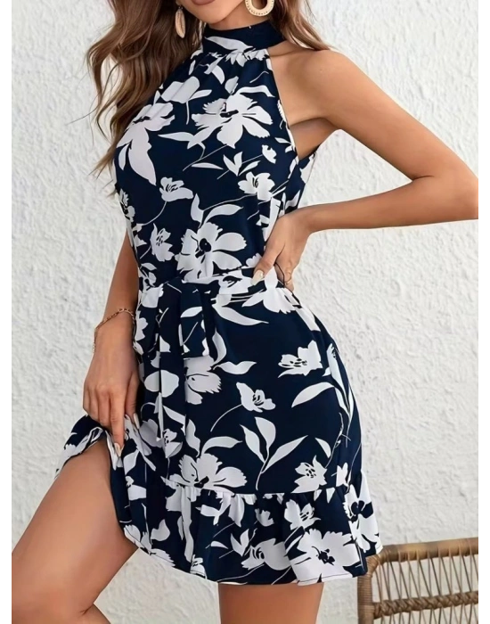 Kadın Omuzlardan Açık Balıkçı Yakalı Kuşaklı Desenli Kısa Süprem Elbise