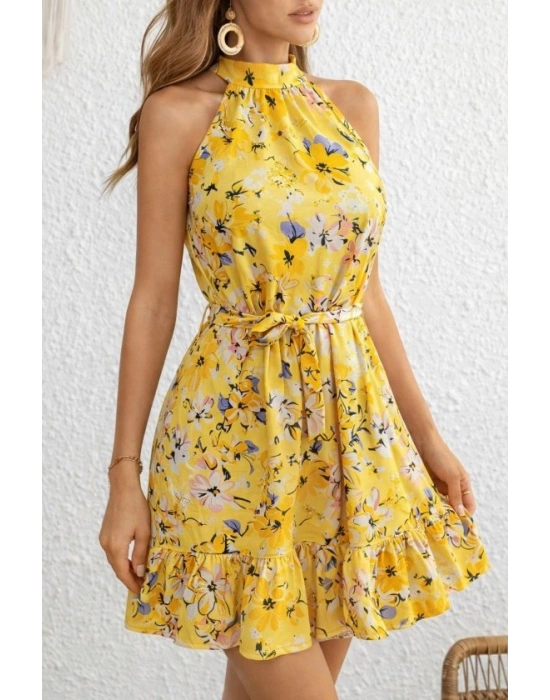 Kadın Omuzlardan Açık Balıkçı Yakalı Kuşaklı Desenli Kısa Süprem Elbise