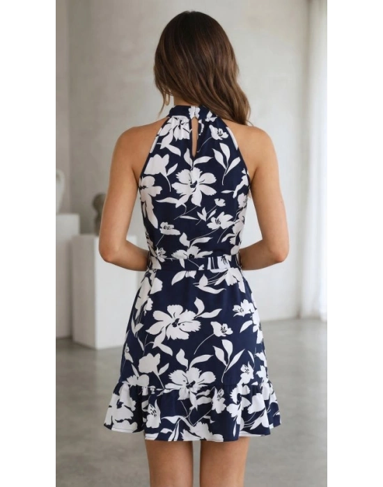 Kadın Omuzlardan Açık Balıkçı Yakalı Kuşaklı Desenli Kısa Süprem Elbise