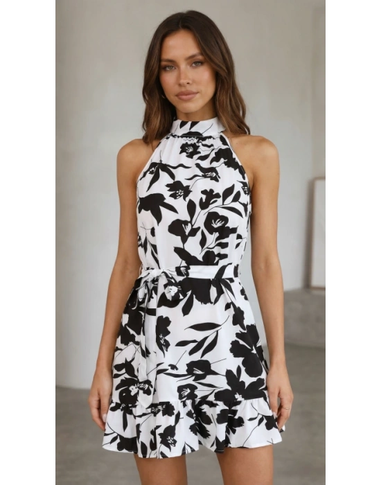 Kadın Omuzlardan Açık Balıkçı Yakalı Kuşaklı Desenli Kısa Süprem Elbise