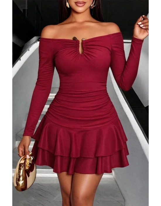 Kadın Omuzlardan Açık Belden Saran Büzgülü Etek Ucu Volanlı Dalgıç Mini Elbise