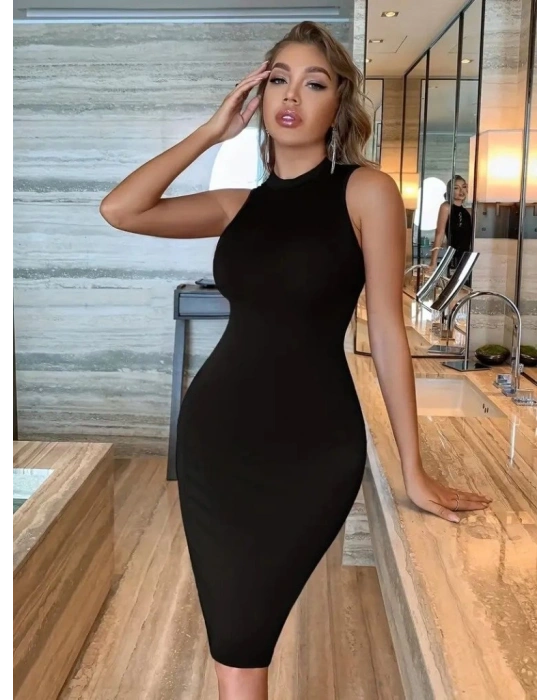 Kadın Omuzlardan Açık Bisiklet Yaka Janjan Krep Elbise