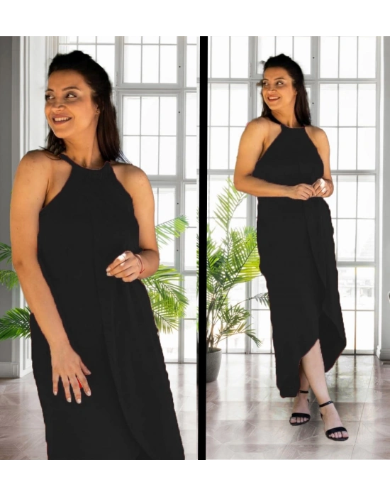 Kadın Omuzlardan Açık Boyundan Geçmeli Asimetrik Kesim Detaylı Viskon Elbise