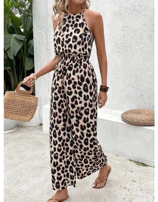 Kadın Omuzlardan Açık Boyundan Geçmeli Beli Lastikli Desenli Dalgıç Tulum