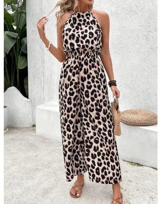 Kadın Omuzlardan Açık Boyundan Geçmeli Beli Lastikli Desenli Dalgıç Tulum