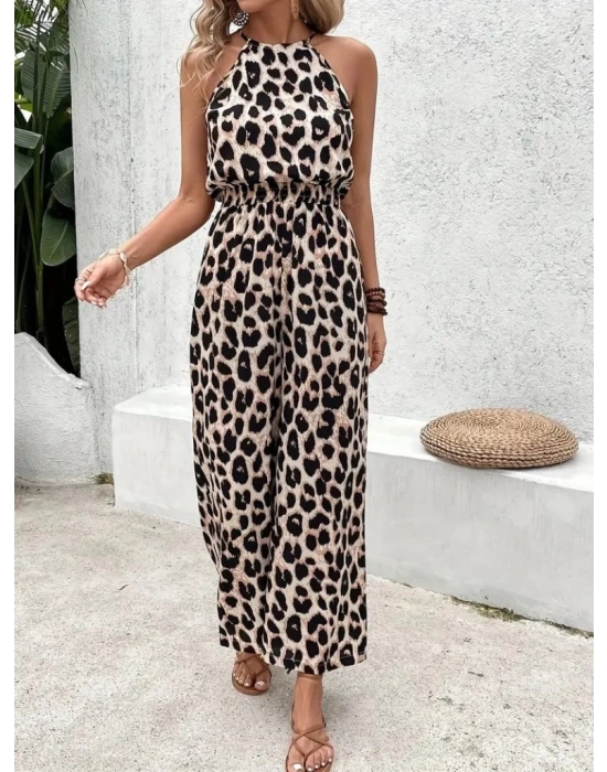 Kadın Omuzlardan Açık Boyundan Geçmeli Beli Lastikli Desenli Dalgıç Tulum