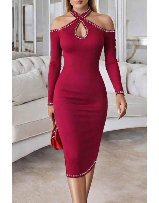 Kadın Omuzlardan Açık Boyundan Geçmeli Damla Detaylı Taşlı Midi Dalgıç Elbise