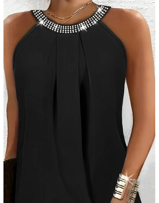 Kadın Omuzlardan Açık Boyundan Geçmeli Taş Işlemeli Arkadan Düğmeli Janjan Krep Elbise