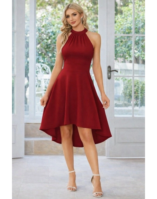 Kadın Omuzlardan Açık Boyundan Halka Detaylı Görünümlü Asimetrik Detaylı Kısa Ithal Krep Elbise