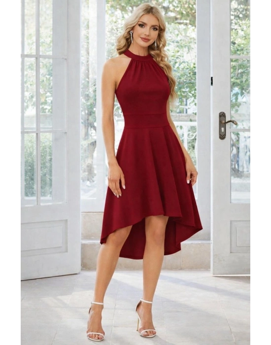 Kadın Omuzlardan Açık Boyundan Halka Detaylı Görünümlü Asimetrik Detaylı Kısa Ithal Krep Elbise