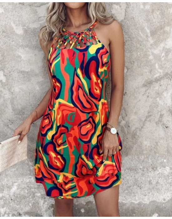 Kadın Omuzlardan Açık çapraz şerit Detaylı Desenli Süprem Elbise