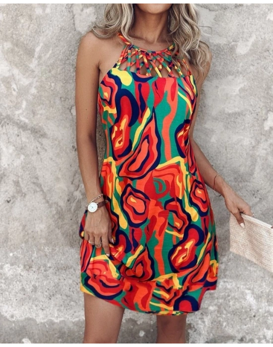 Kadın Omuzlardan Açık çapraz şerit Detaylı Desenli Süprem Elbise