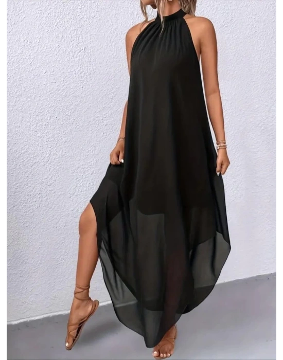 Kadın Omuzlardan Açık Daire Yakalı Astarlı şifon Elbise