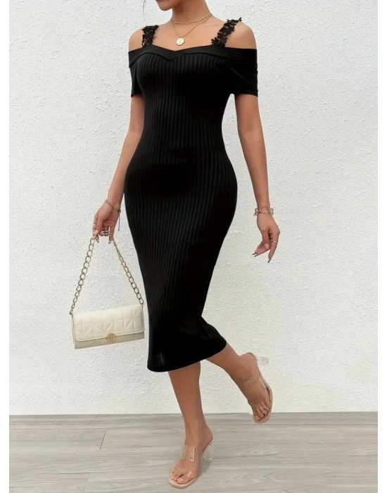 Kadın Omuzlardan Açık Dantel Askılı Fitilli Kaşkorse Midi Elbise