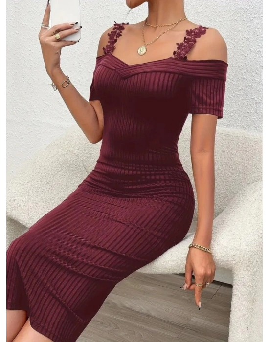 Kadın Omuzlardan Açık Dantel Askılı Fitilli Kaşkorse Midi Elbise