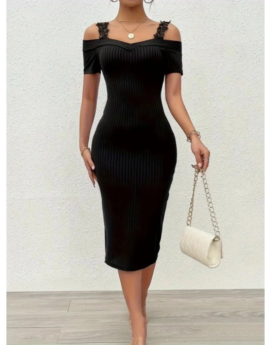 Kadın Omuzlardan Açık Dantel Askılı Fitilli Kaşkorse Midi Elbise