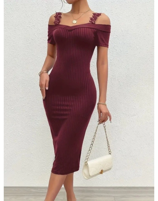 Kadın Omuzlardan Açık Dantel Askılı Fitilli Kaşkorse Midi Elbise