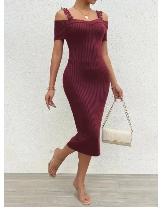 Kadın Omuzlardan Açık Dantel Askılı Fitilli Kaşkorse Midi Elbise