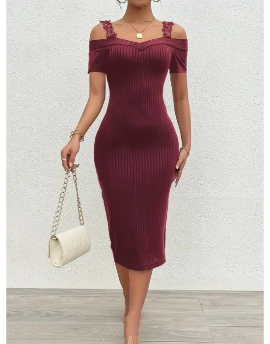 Kadın Omuzlardan Açık Dantel Askılı Fitilli Kaşkorse Midi Elbise