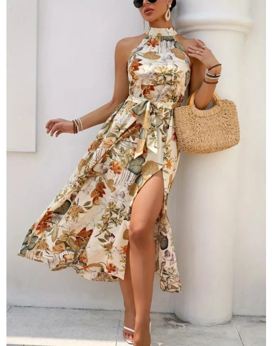 Kadın Omuzlardan Açık Halter Yakalı Yırtmaçlı çiçek Desenli Süprem Elbise