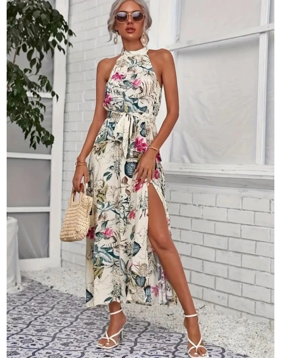 Kadın Omuzlardan Açık Halter Yakalı Yırtmaçlı çiçek Desenli Süprem Elbise