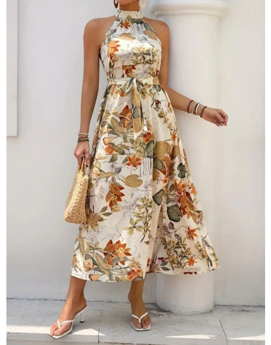 Kadın Omuzlardan Açık Halter Yakalı Yırtmaçlı çiçek Desenli Süprem Elbise