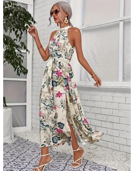 Kadın Omuzlardan Açık Halter Yakalı Yırtmaçlı çiçek Desenli Süprem Elbise