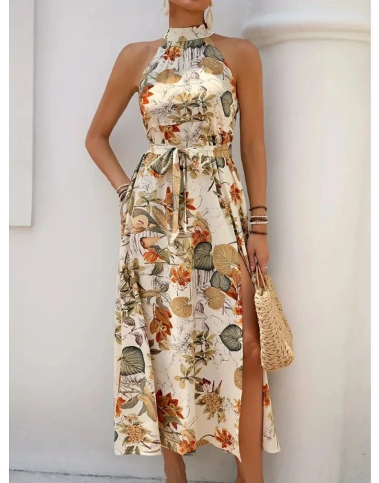 Kadın Omuzlardan Açık Halter Yakalı Yırtmaçlı çiçek Desenli Süprem Elbise