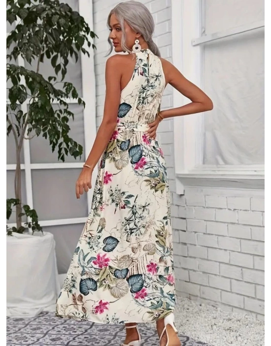 Kadın Omuzlardan Açık Halter Yakalı Yırtmaçlı çiçek Desenli Süprem Elbise