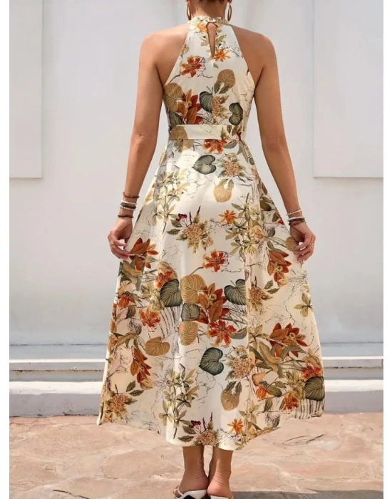 Kadın Omuzlardan Açık Halter Yakalı Yırtmaçlı çiçek Desenli Süprem Elbise