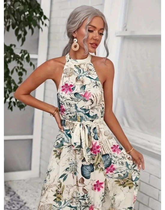 Kadın Omuzlardan Açık Halter Yakalı Yırtmaçlı çiçek Desenli Süprem Elbise