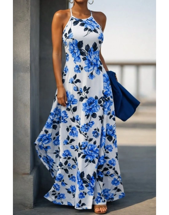 Kadın Omuzlardan Açık Ip Askılı Desenli Uzun Süprem Elbise