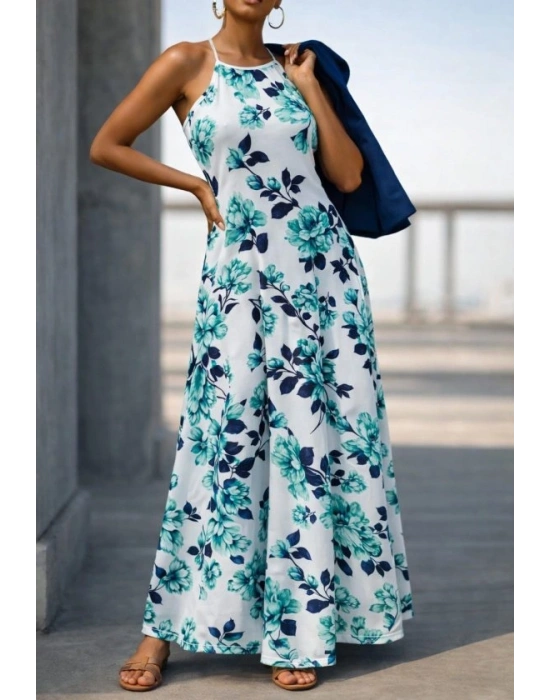 Kadın Omuzlardan Açık Ip Askılı Desenli Uzun Süprem Elbise