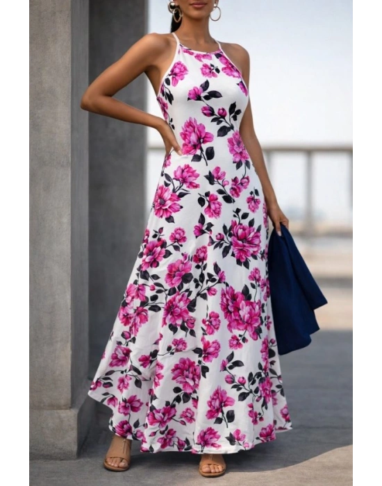 Kadın Omuzlardan Açık Ip Askılı Desenli Uzun Süprem Elbise