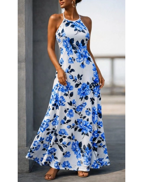 Kadın Omuzlardan Açık Ip Askılı Desenli Uzun Süprem Elbise