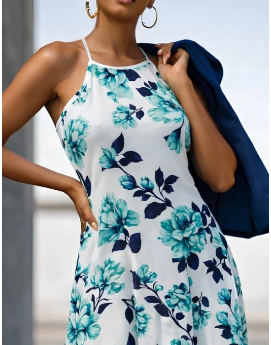 Kadın Omuzlardan Açık Ip Askılı Desenli Uzun Süprem Elbise