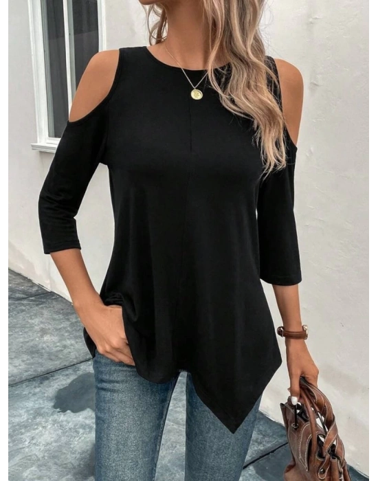 Kadın Omuzlardan Açık Sıfır Yaka Asimetrik Kesim Detay Viskon Bluz